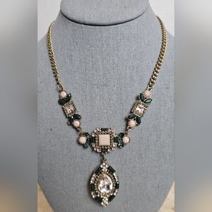 Statement Necklace 💎 Green & Pink Stones and Gems ◇◇ Gold Toned